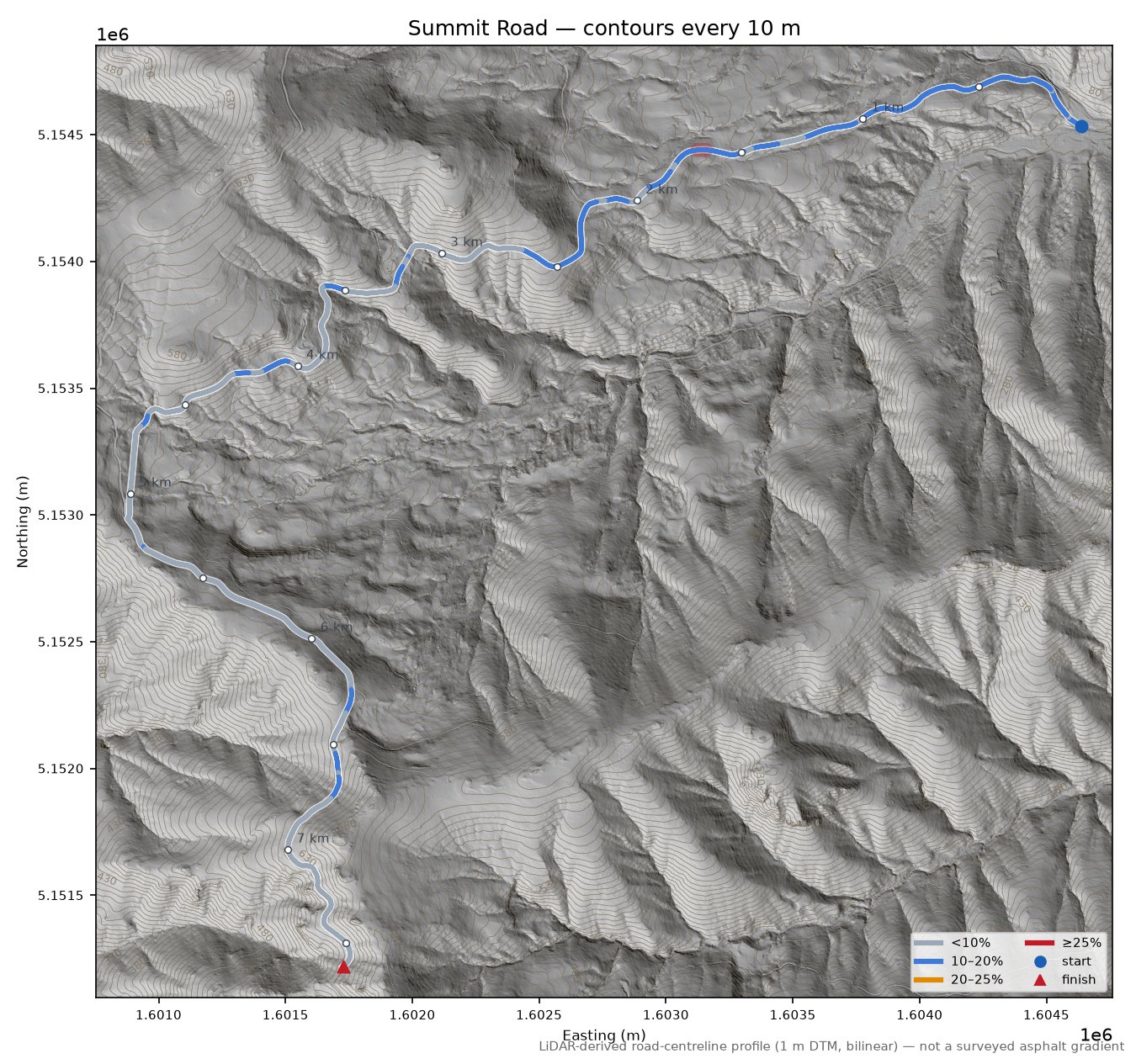 Summit Road LiDAR hillshade map with contours