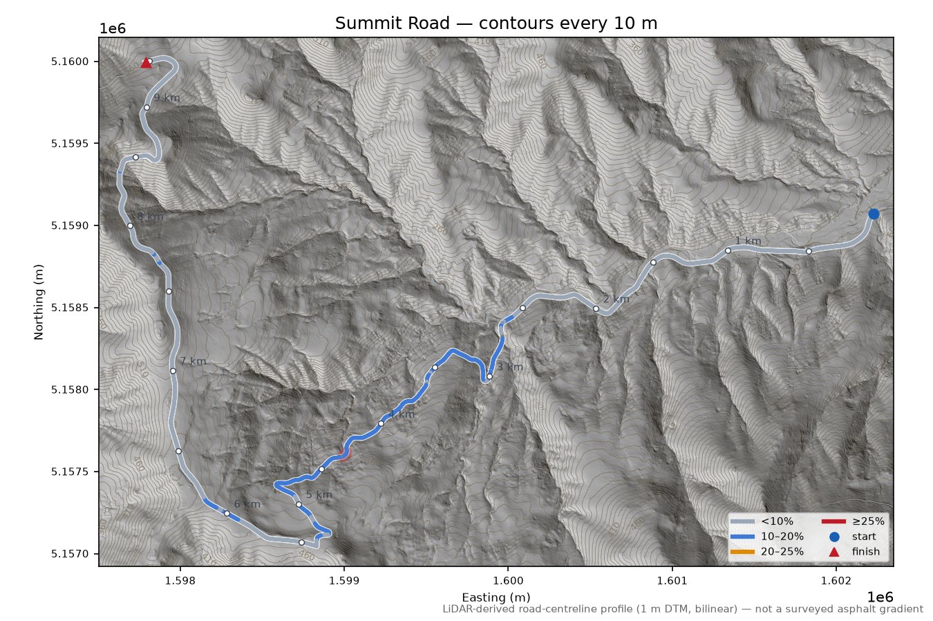 Summit Road LiDAR hillshade map with contours