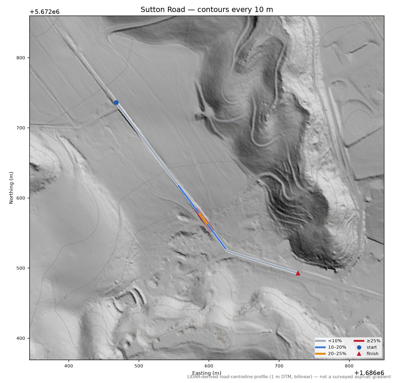 Sutton Road LiDAR hillshade map with contours