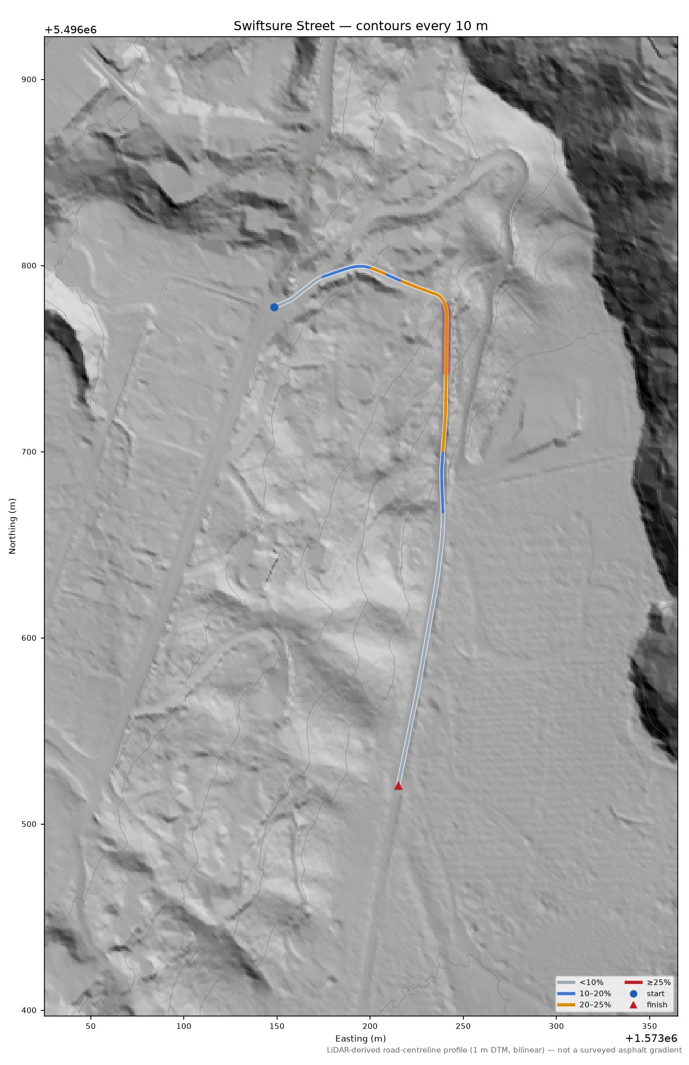 Swiftsure Street LiDAR hillshade map with contours