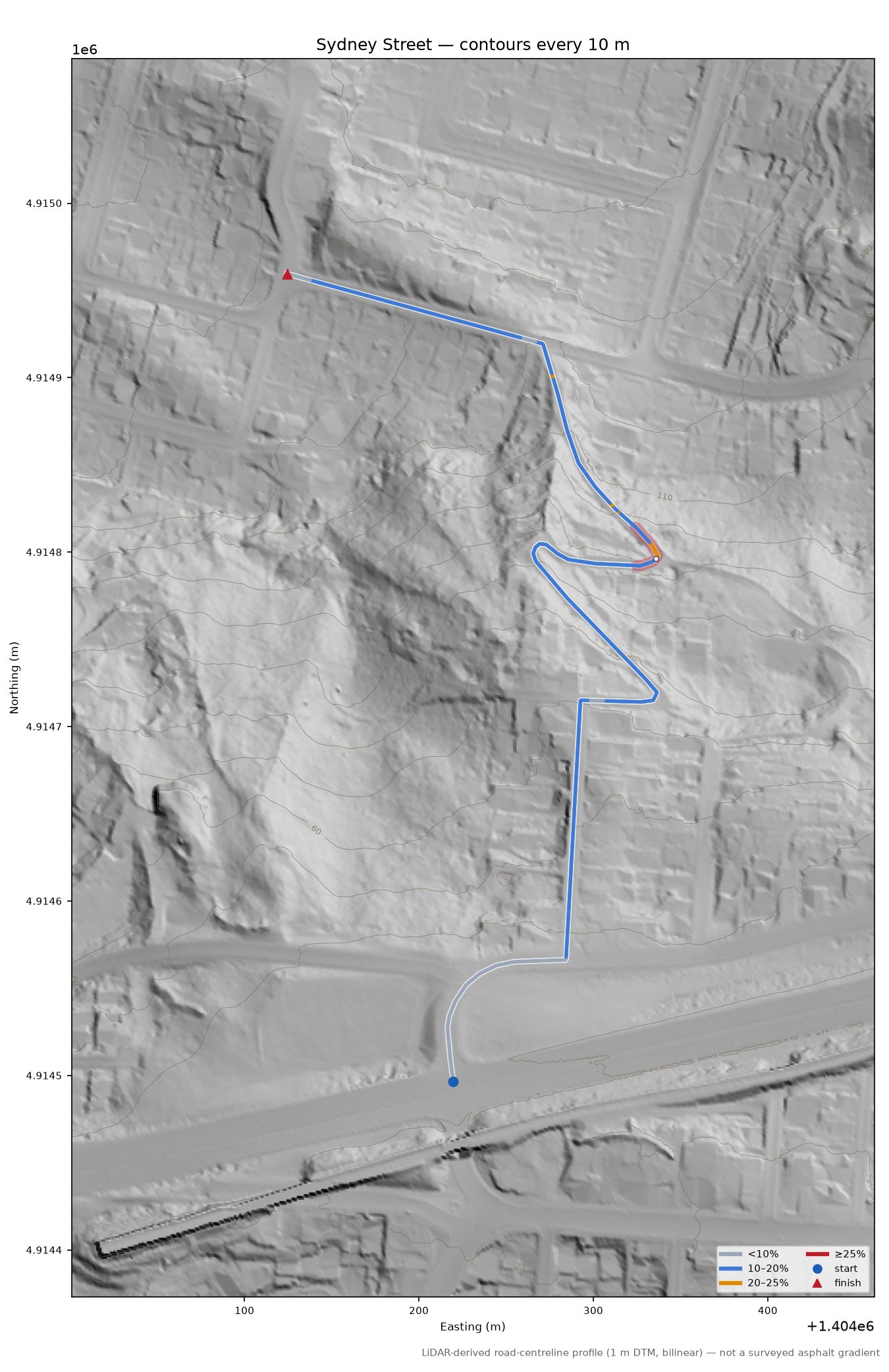 Sydney Street LiDAR hillshade map with contours
