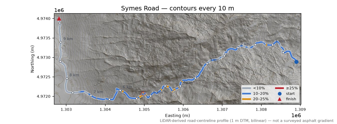 Symes Road LiDAR hillshade map with contours