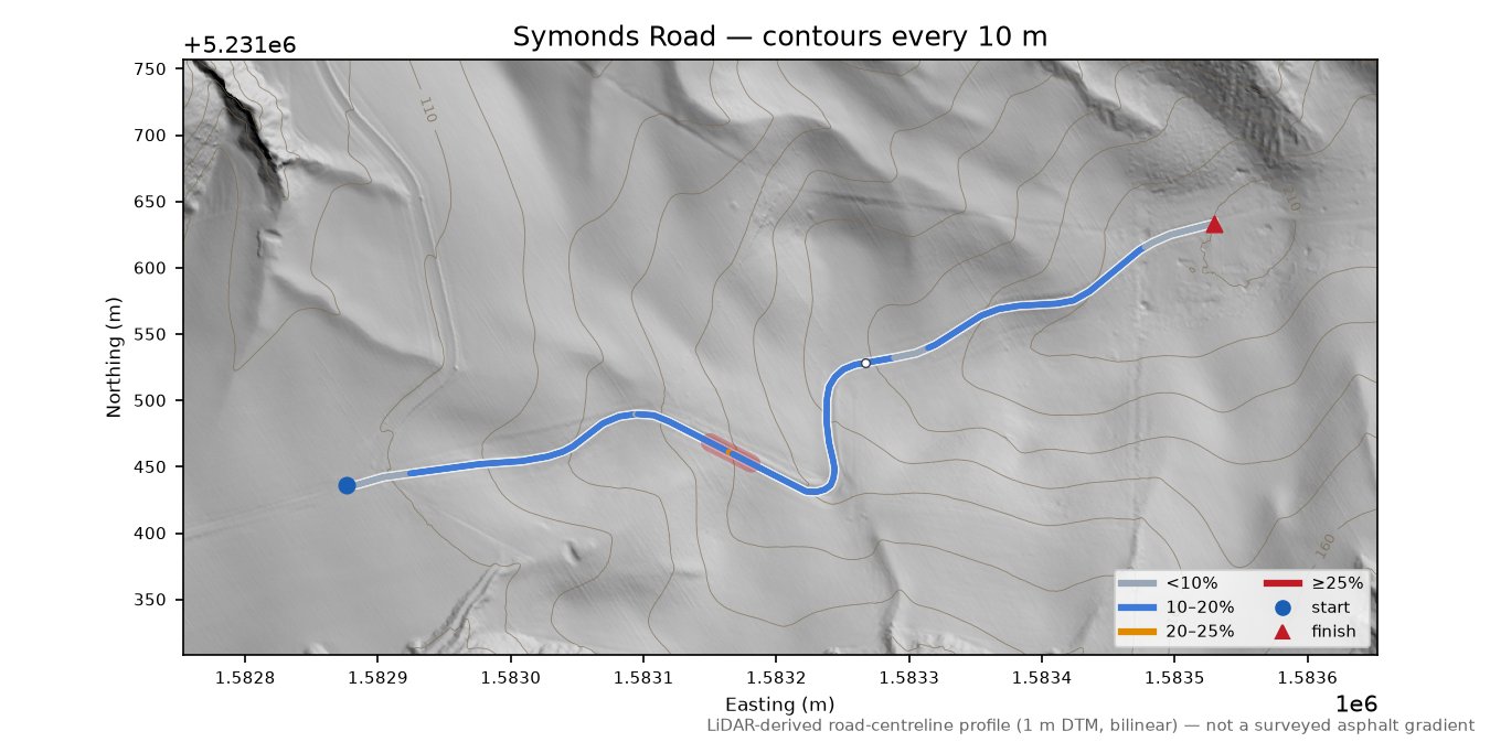 Symonds Road LiDAR hillshade map with contours