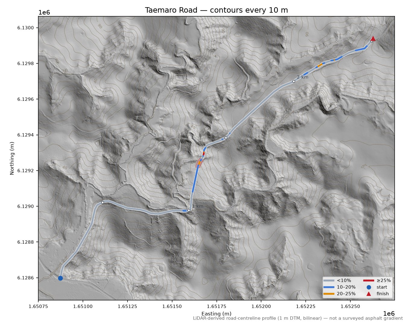 Taemaro Road LiDAR hillshade map with contours