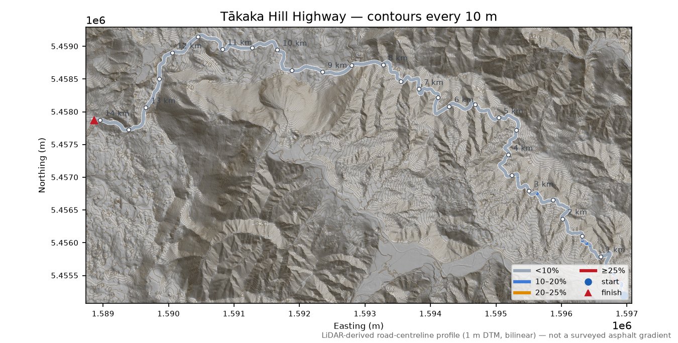Tākaka Hill Highway LiDAR hillshade map with contours