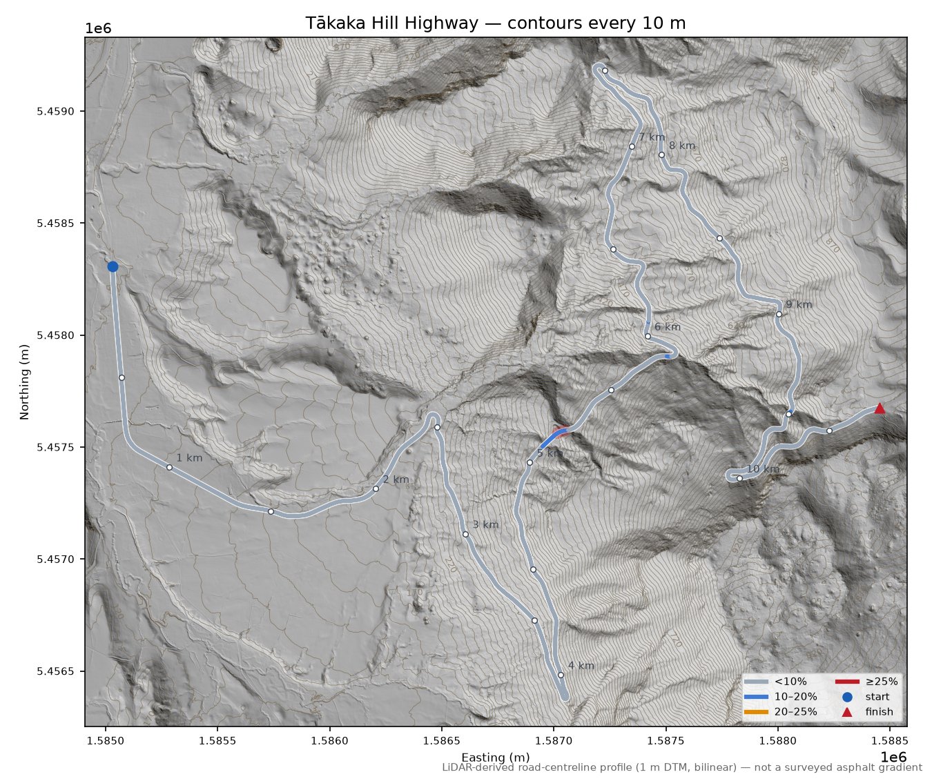Tākaka Hill Highway LiDAR hillshade map with contours