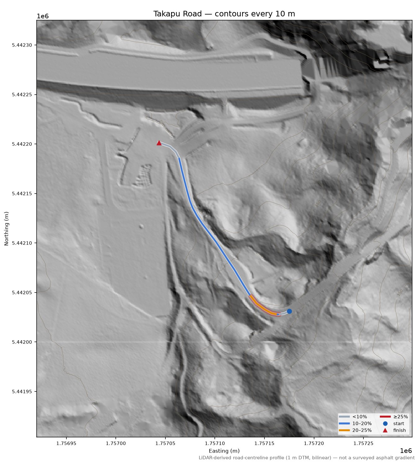 Takapu Road LiDAR hillshade map with contours
