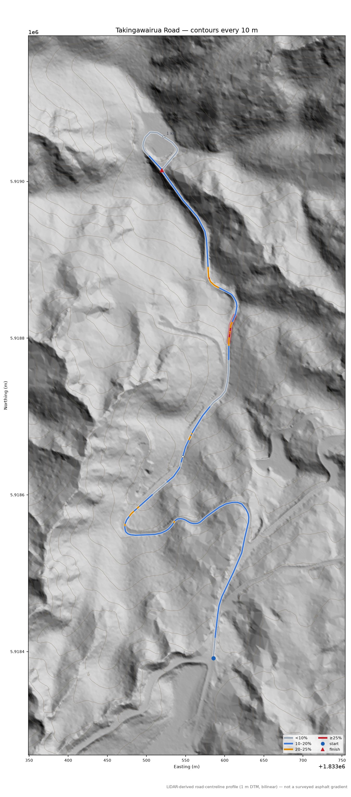Takingawairua Road LiDAR hillshade map with contours