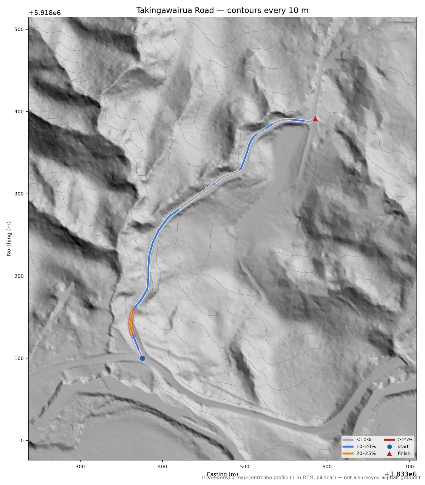 Takingawairua Road LiDAR hillshade map with contours