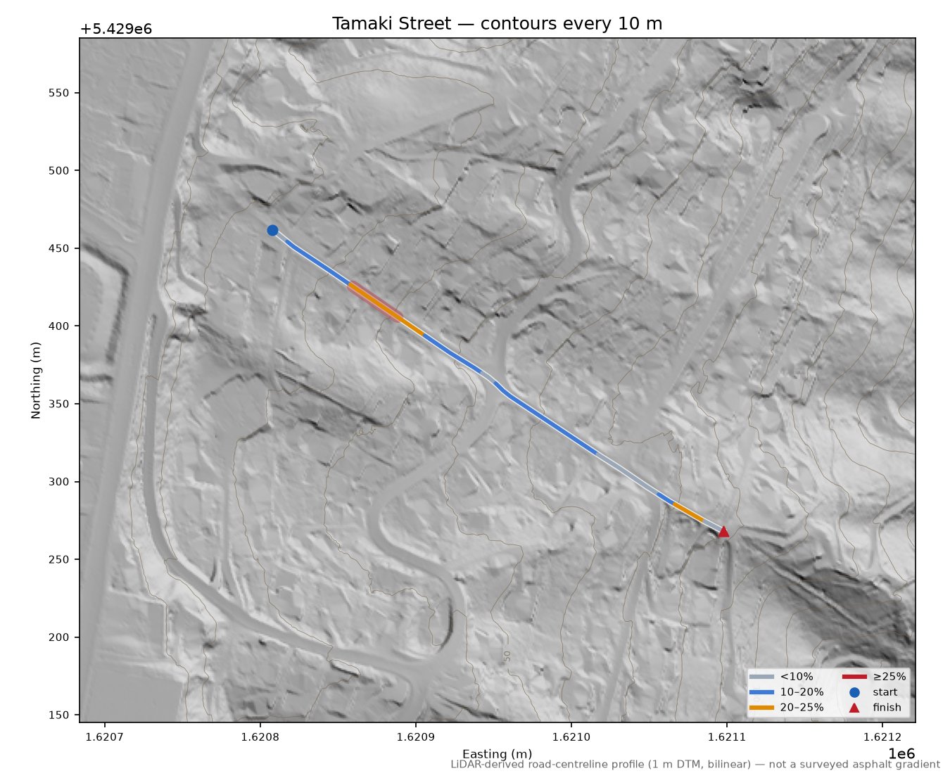 Tamaki Street LiDAR hillshade map with contours