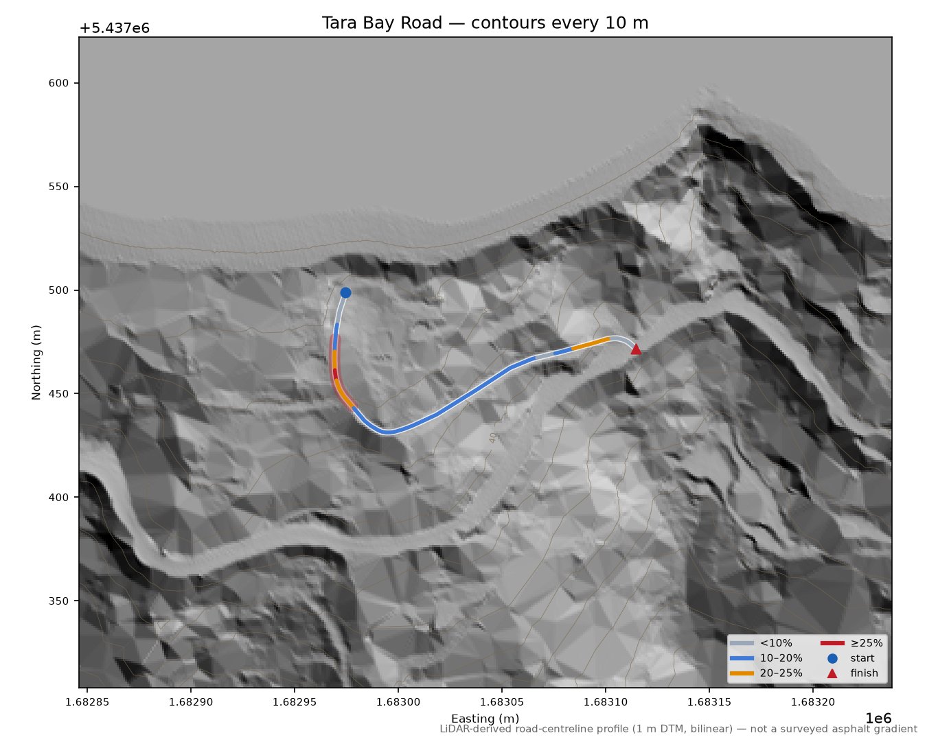 Tara Bay Road LiDAR hillshade map with contours