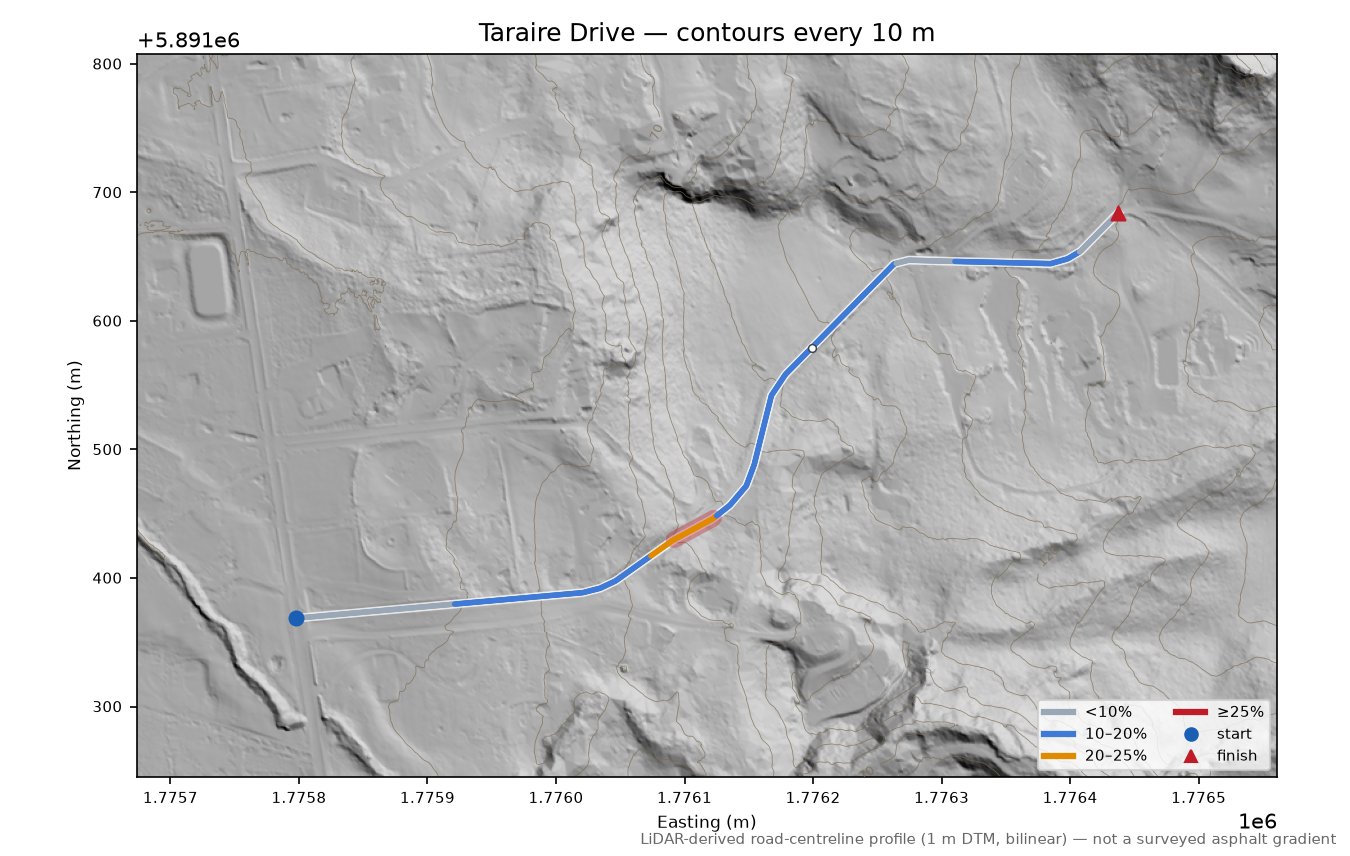 Taraire Drive LiDAR hillshade map with contours