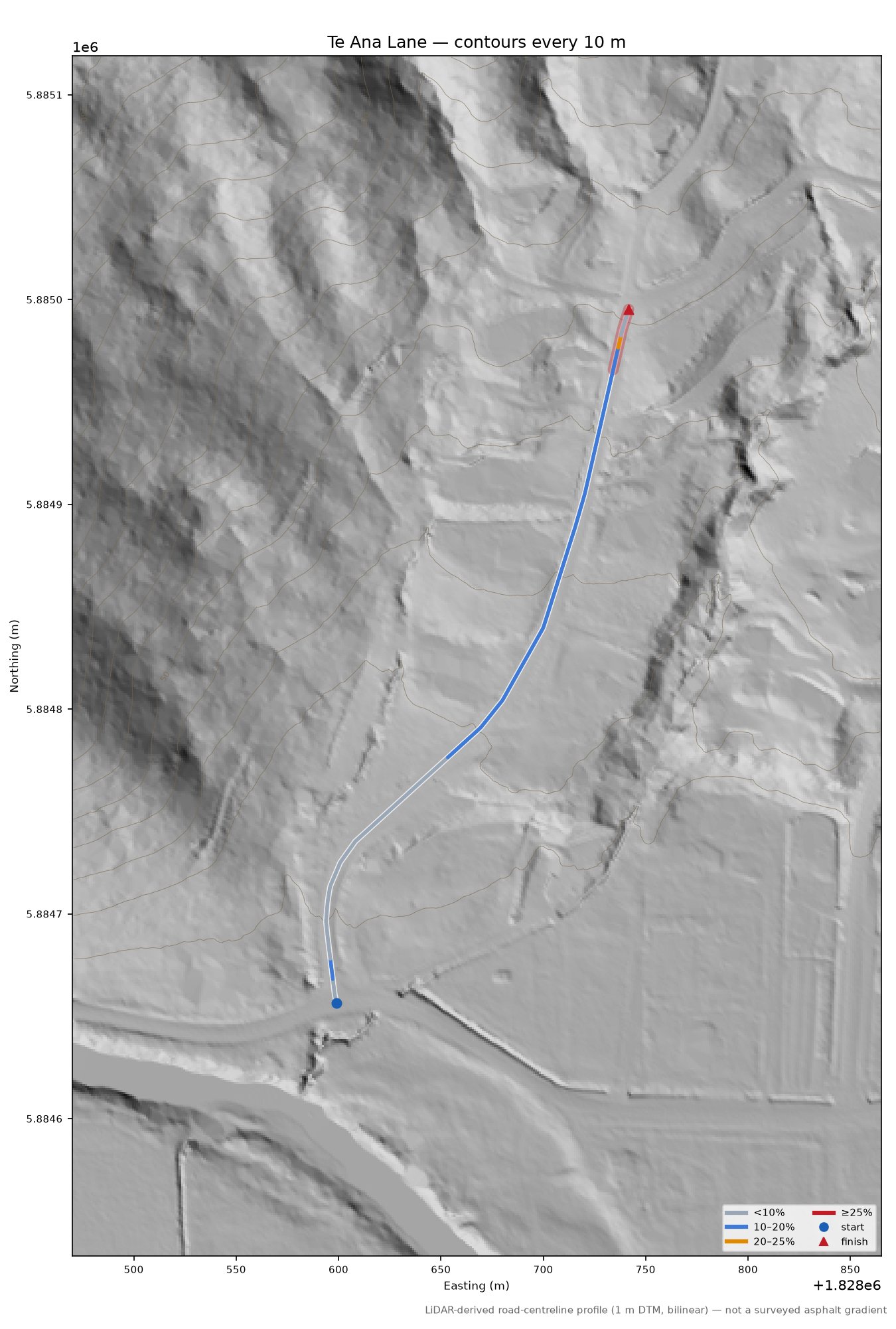 Te Ana Lane LiDAR hillshade map with contours
