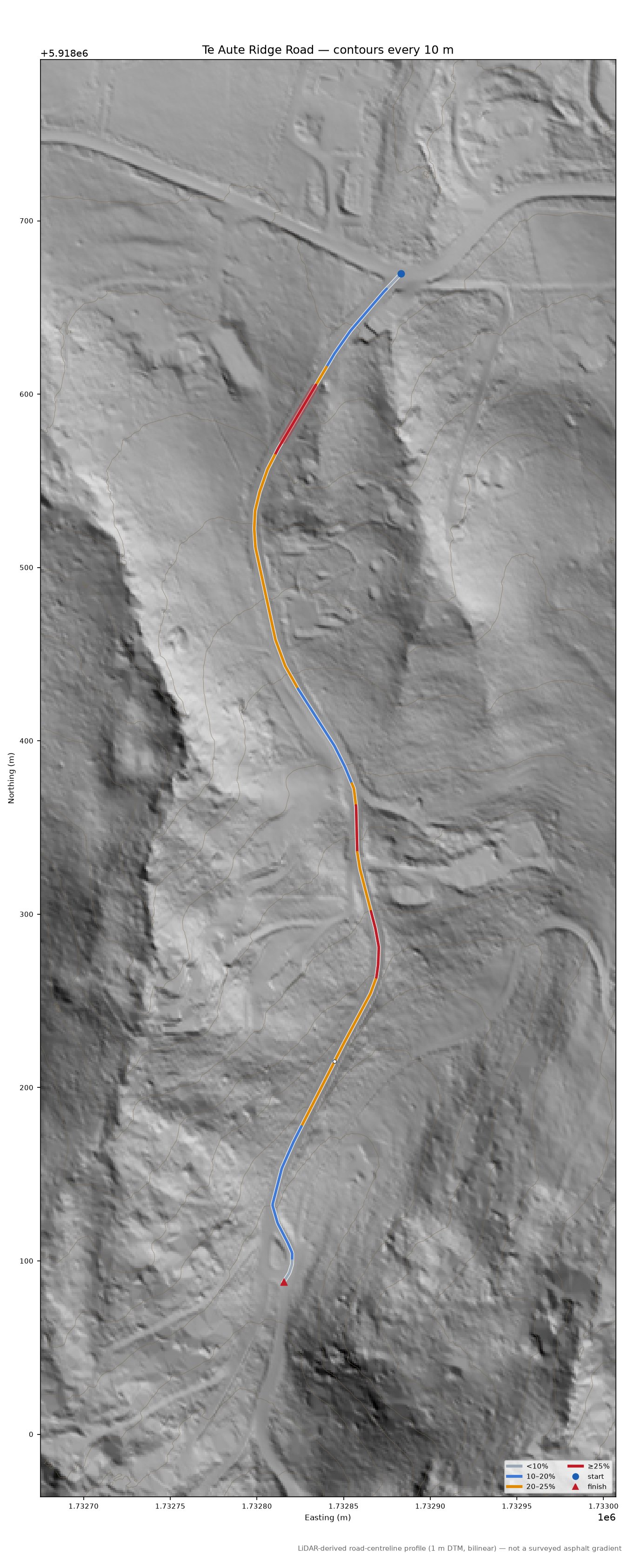 Te Aute Ridge Road LiDAR hillshade map with contours