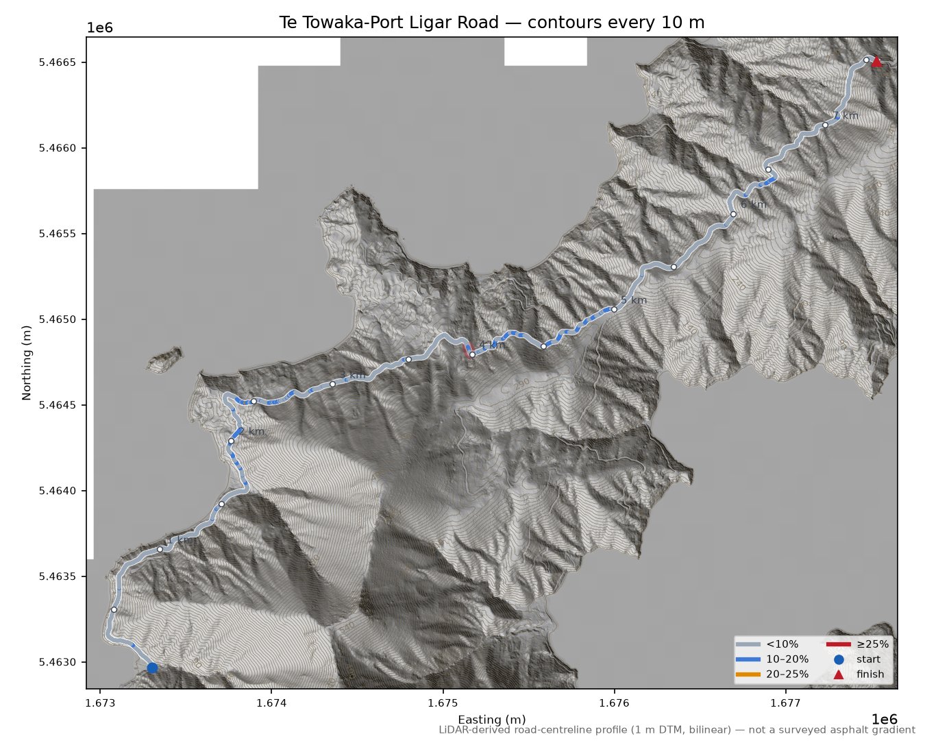 Te Towaka-Port Ligar Road LiDAR hillshade map with contours