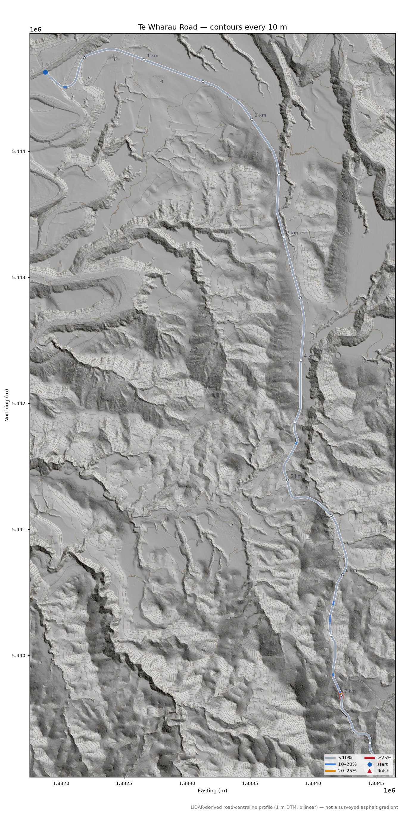Te Wharau Road LiDAR hillshade map with contours