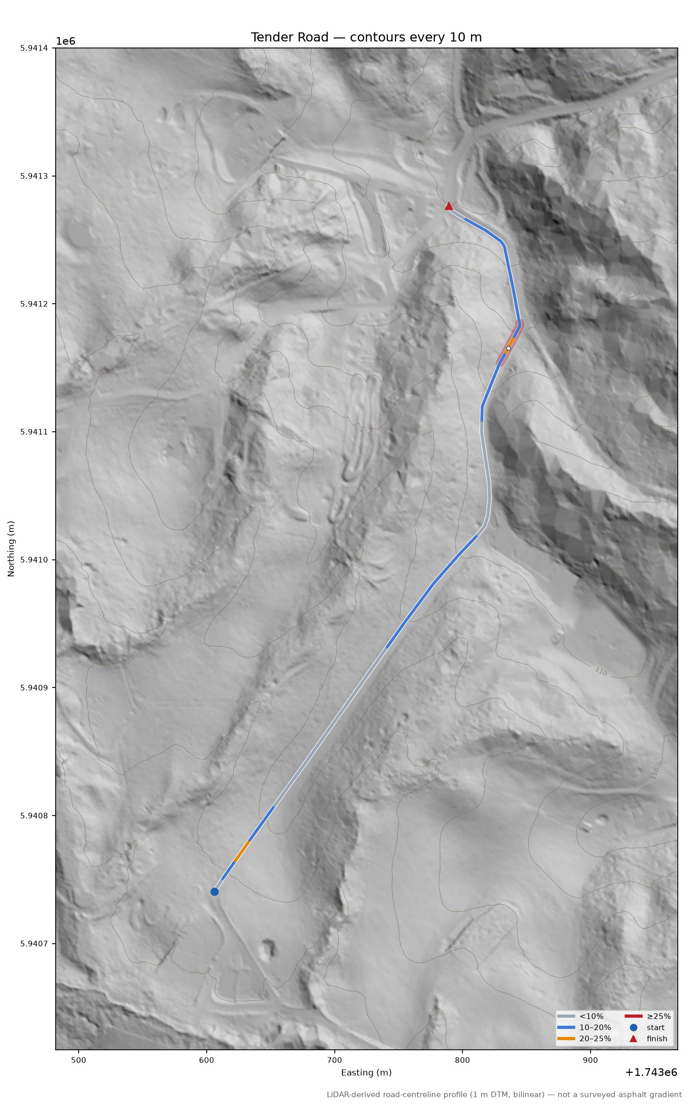 Tender Road LiDAR hillshade map with contours
