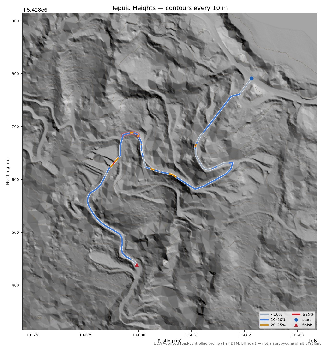 Tepuia Heights LiDAR hillshade map with contours