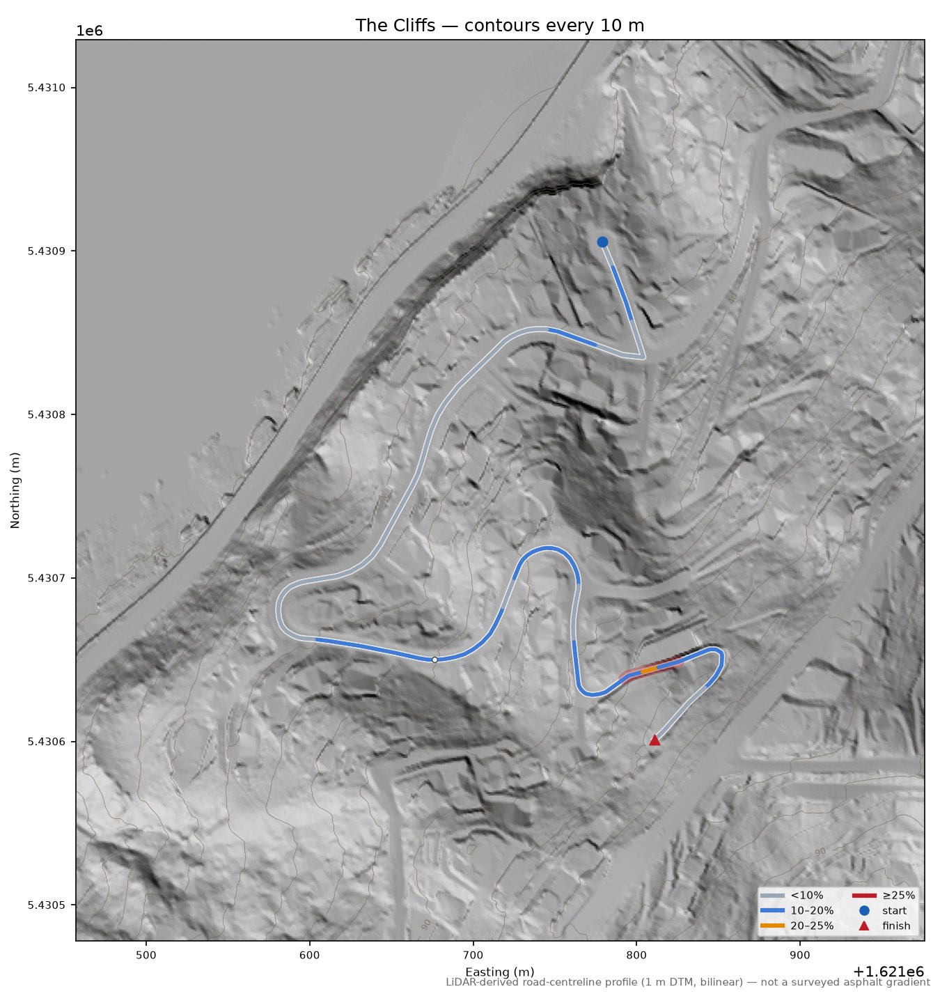 The Cliffs LiDAR hillshade map with contours