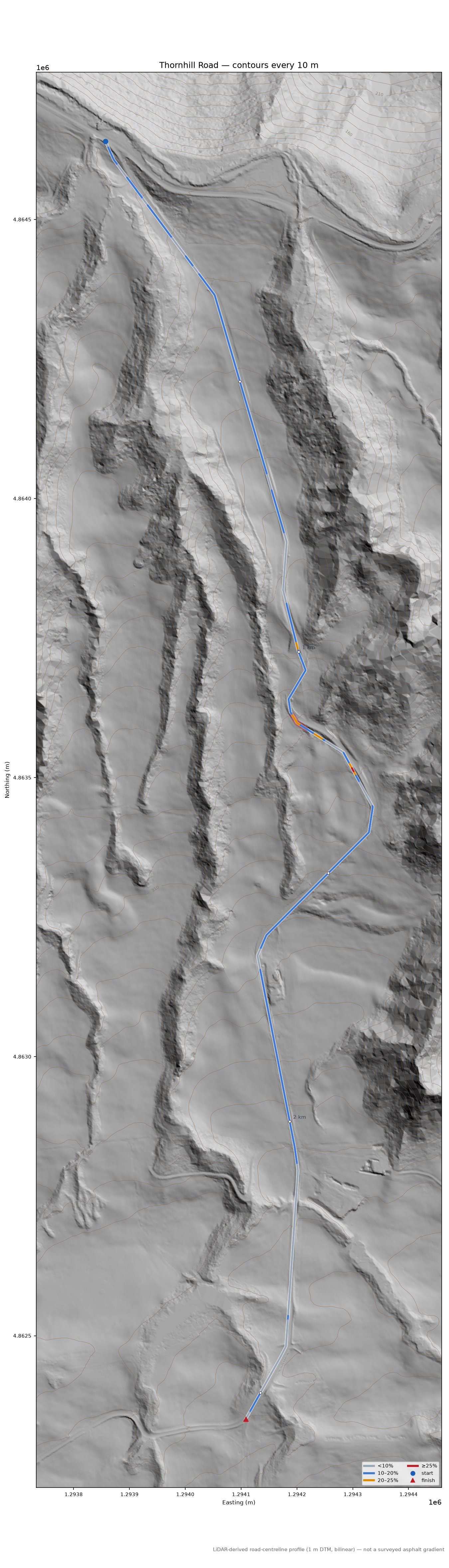Thornhill Road LiDAR hillshade map with contours