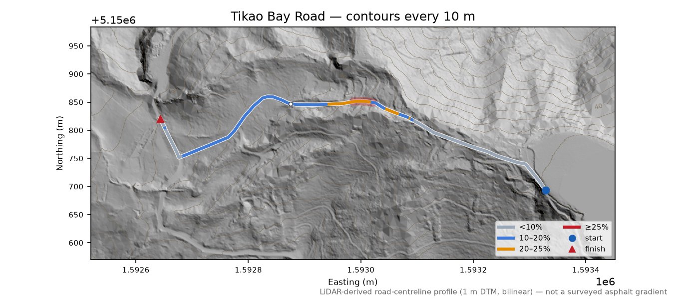 Tikao Bay Road LiDAR hillshade map with contours