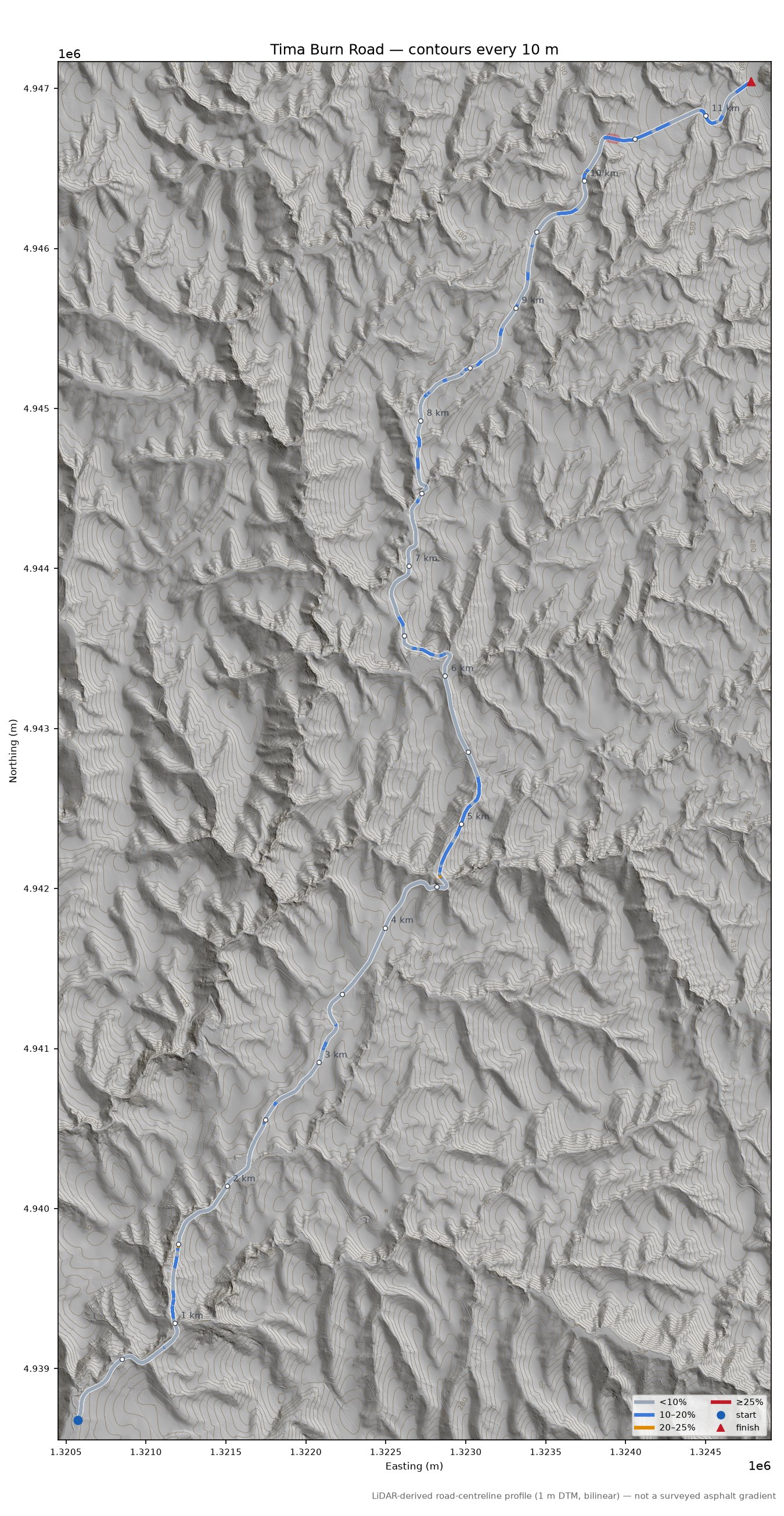 Tima Burn Road LiDAR hillshade map with contours