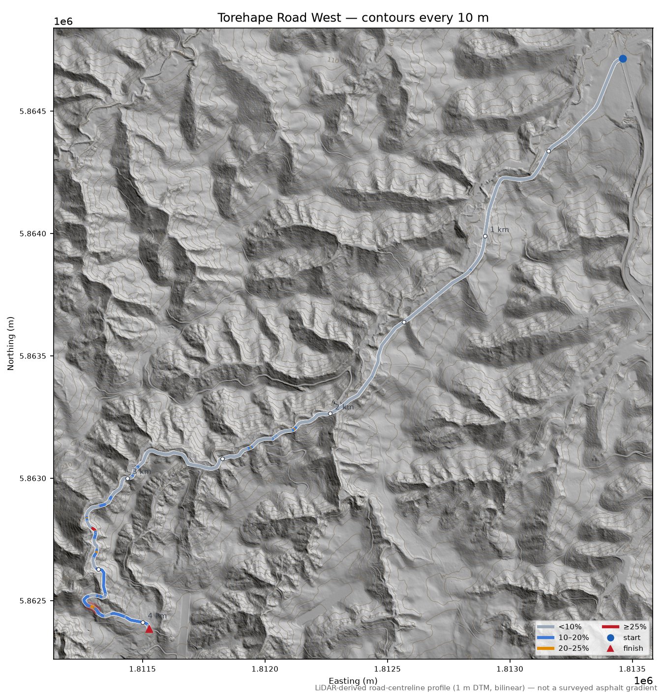 Torehape Road West LiDAR hillshade map with contours