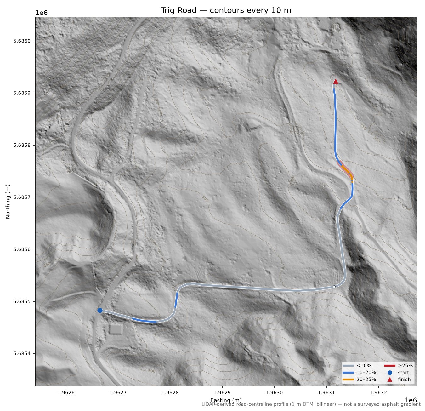Trig Road LiDAR hillshade map with contours