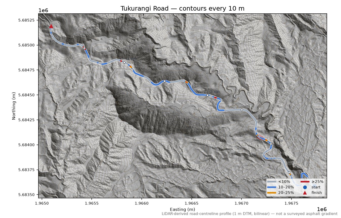 Tukurangi Road LiDAR hillshade map with contours