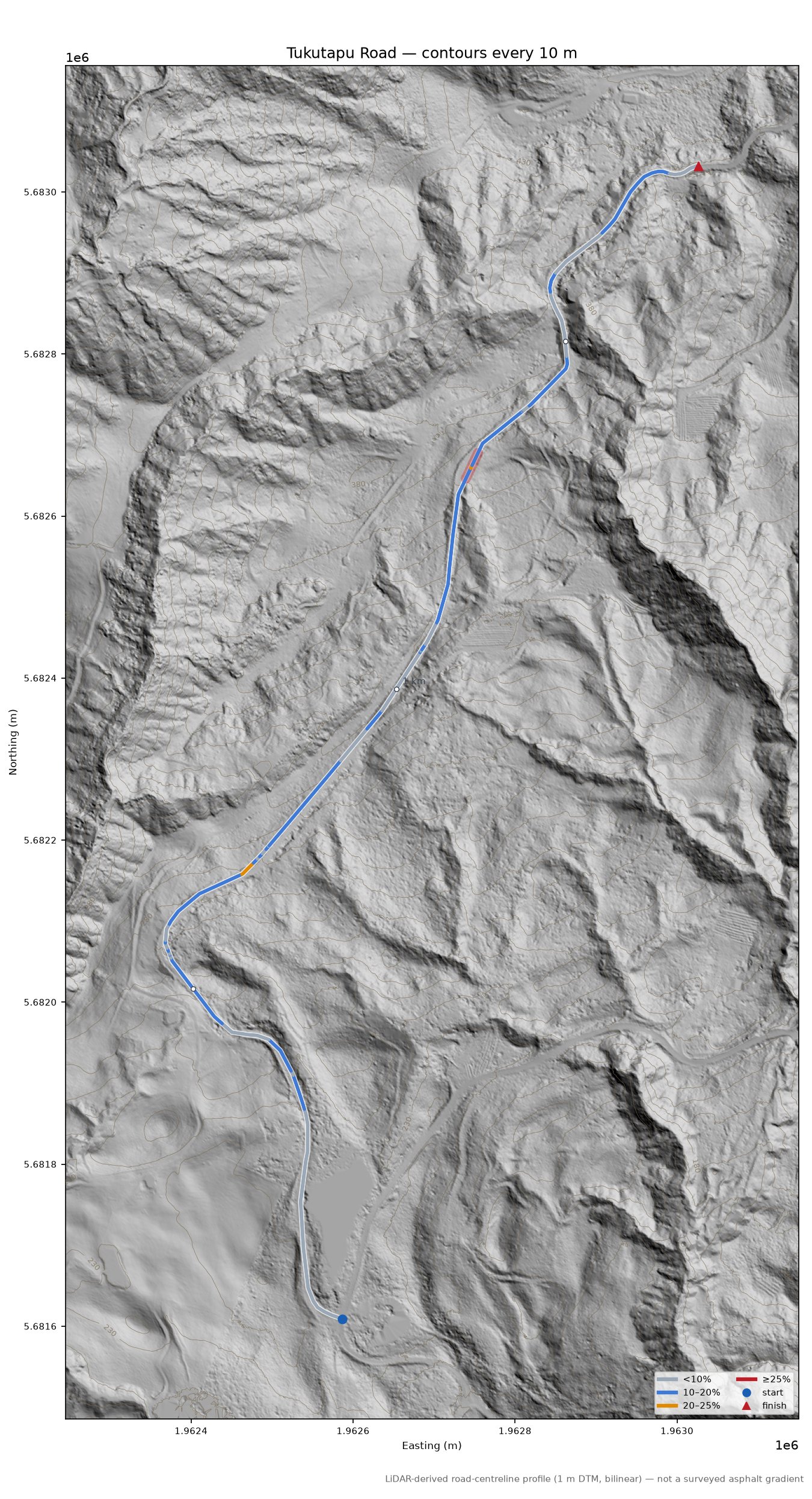 Tukutapu Road LiDAR hillshade map with contours