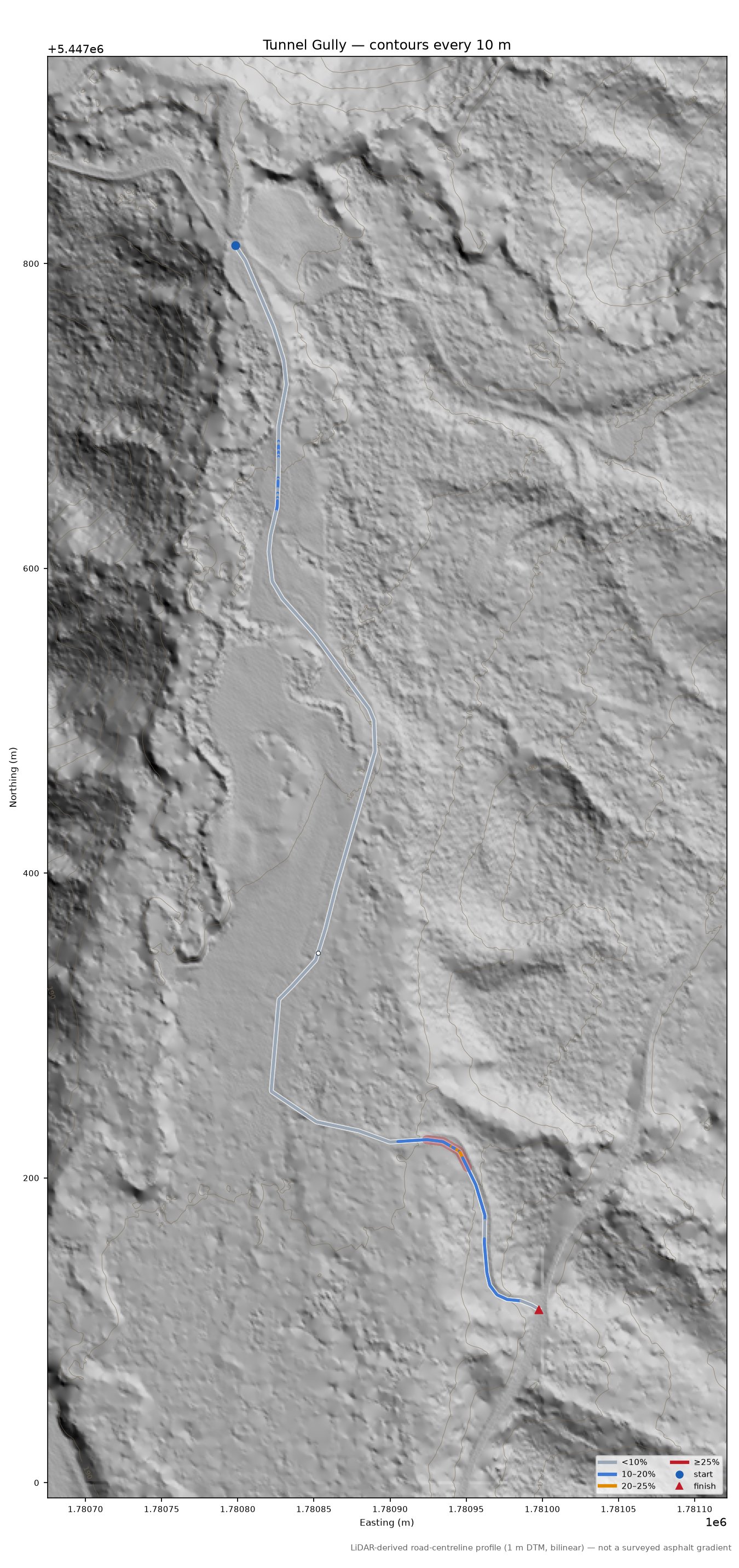 Tunnel Gully LiDAR hillshade map with contours