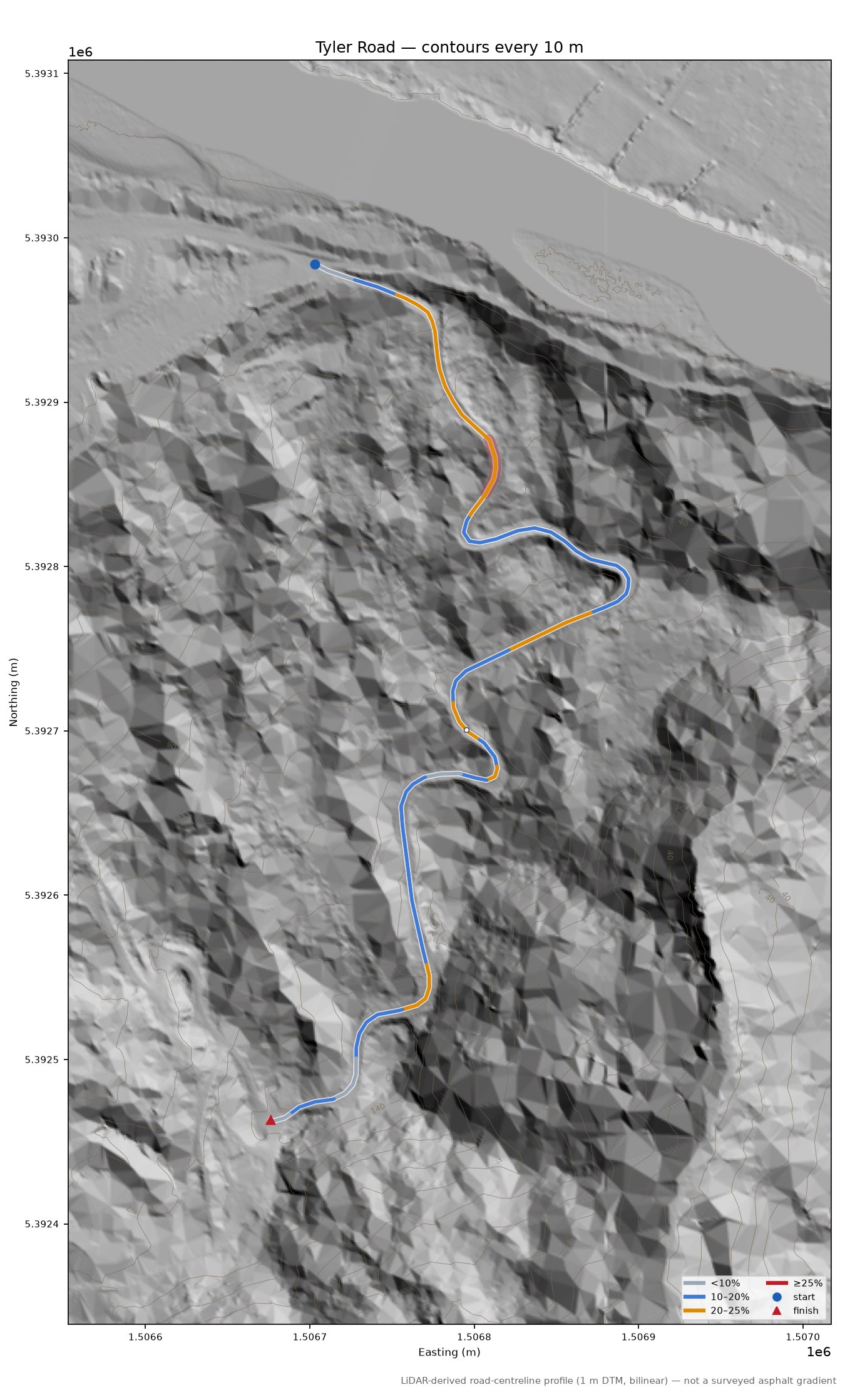 Tyler Road LiDAR hillshade map with contours
