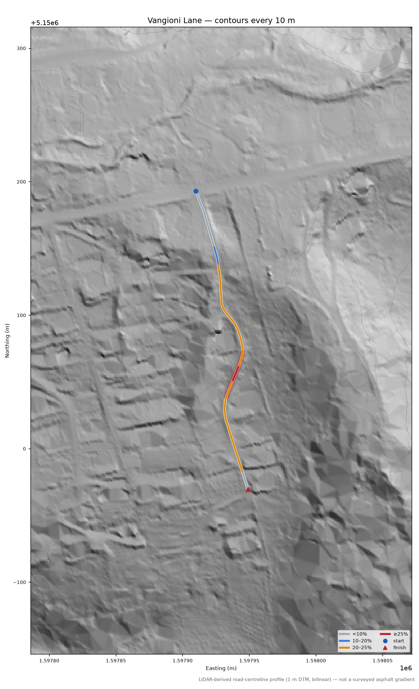 Vangioni Lane LiDAR hillshade map with contours