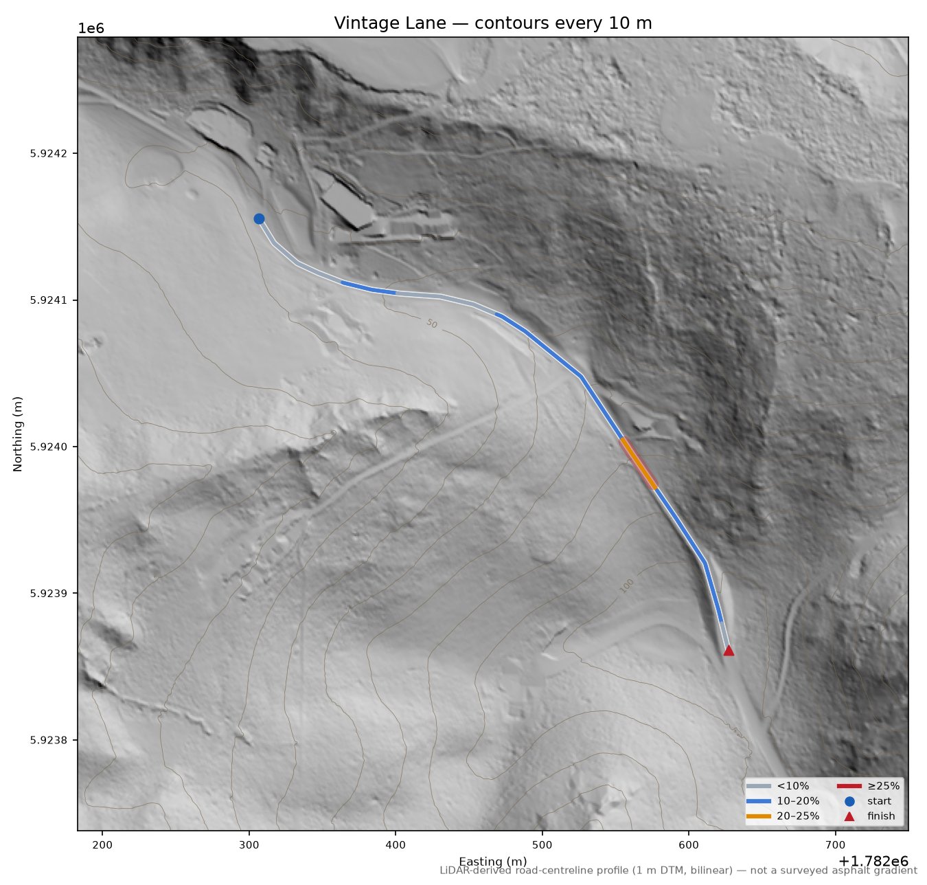 Vintage Lane LiDAR hillshade map with contours