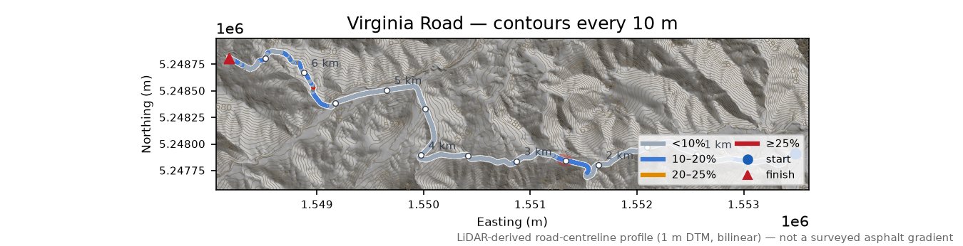 Virginia Road LiDAR hillshade map with contours