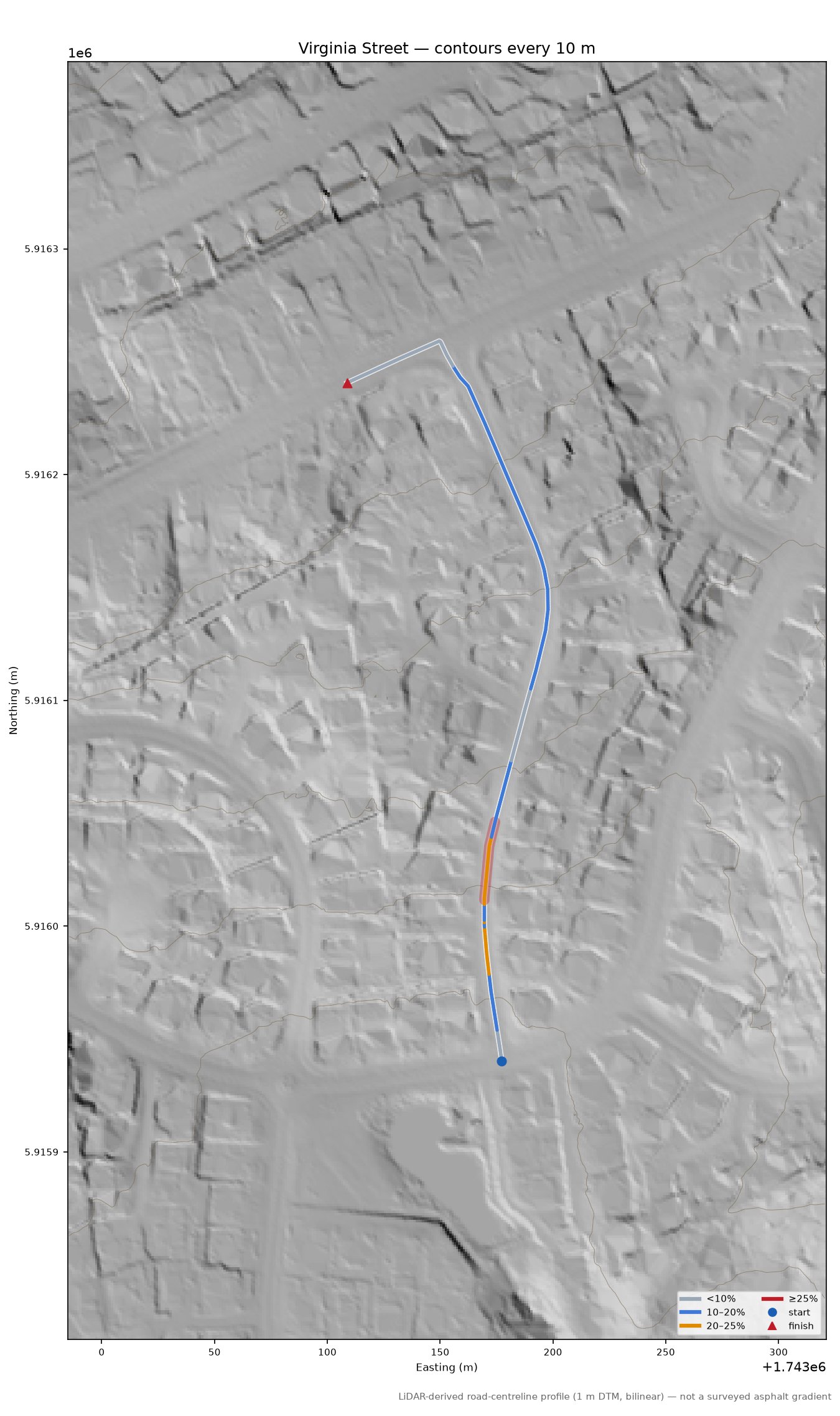 Virginia Street LiDAR hillshade map with contours