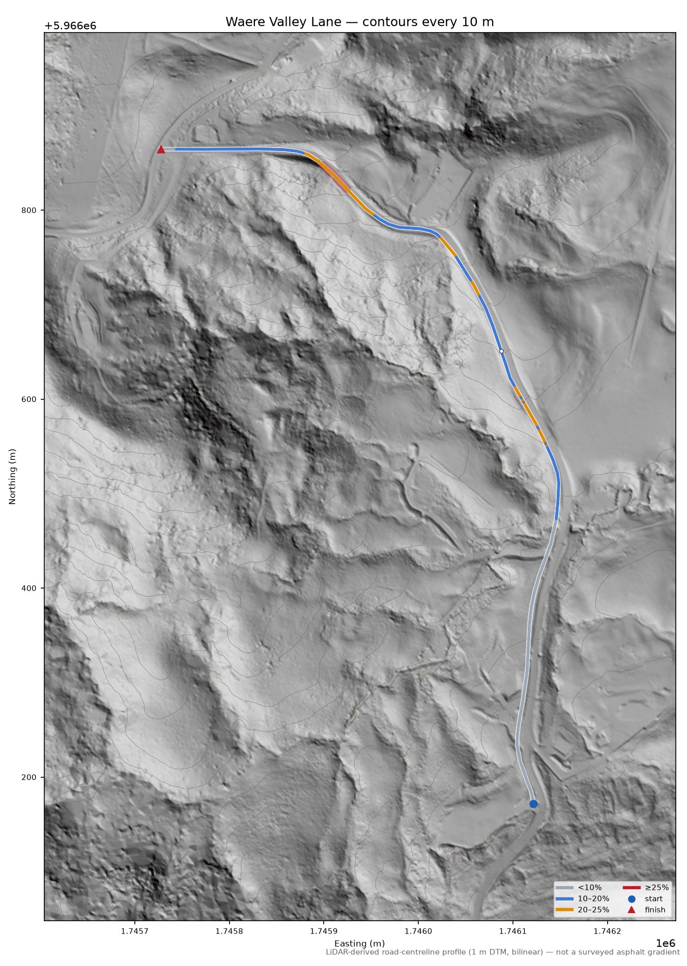 Waere Valley Lane LiDAR hillshade map with contours