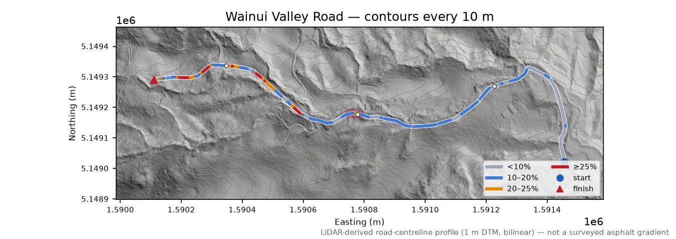 Wainui Valley Road LiDAR hillshade map with contours