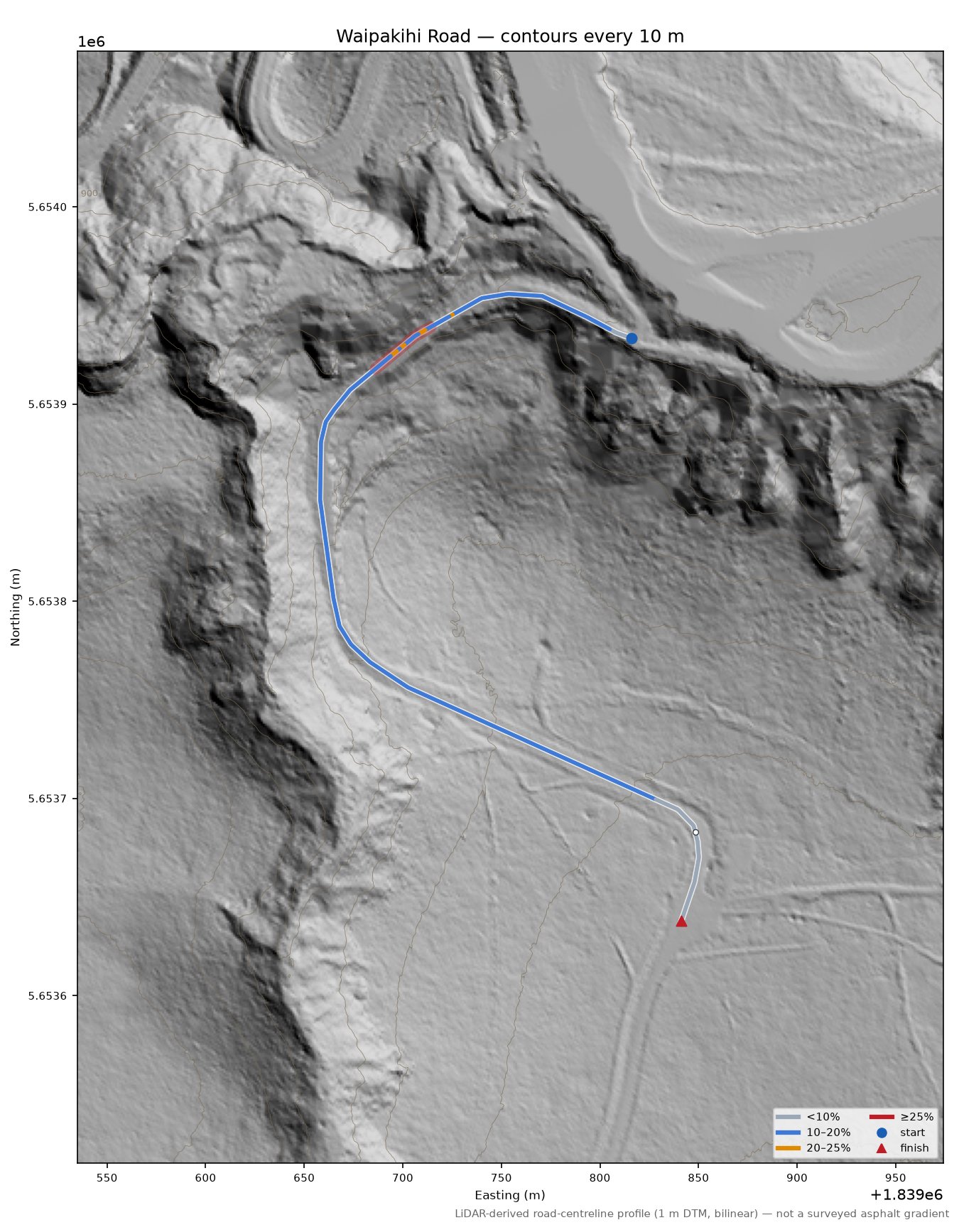 Waipakihi Road LiDAR hillshade map with contours