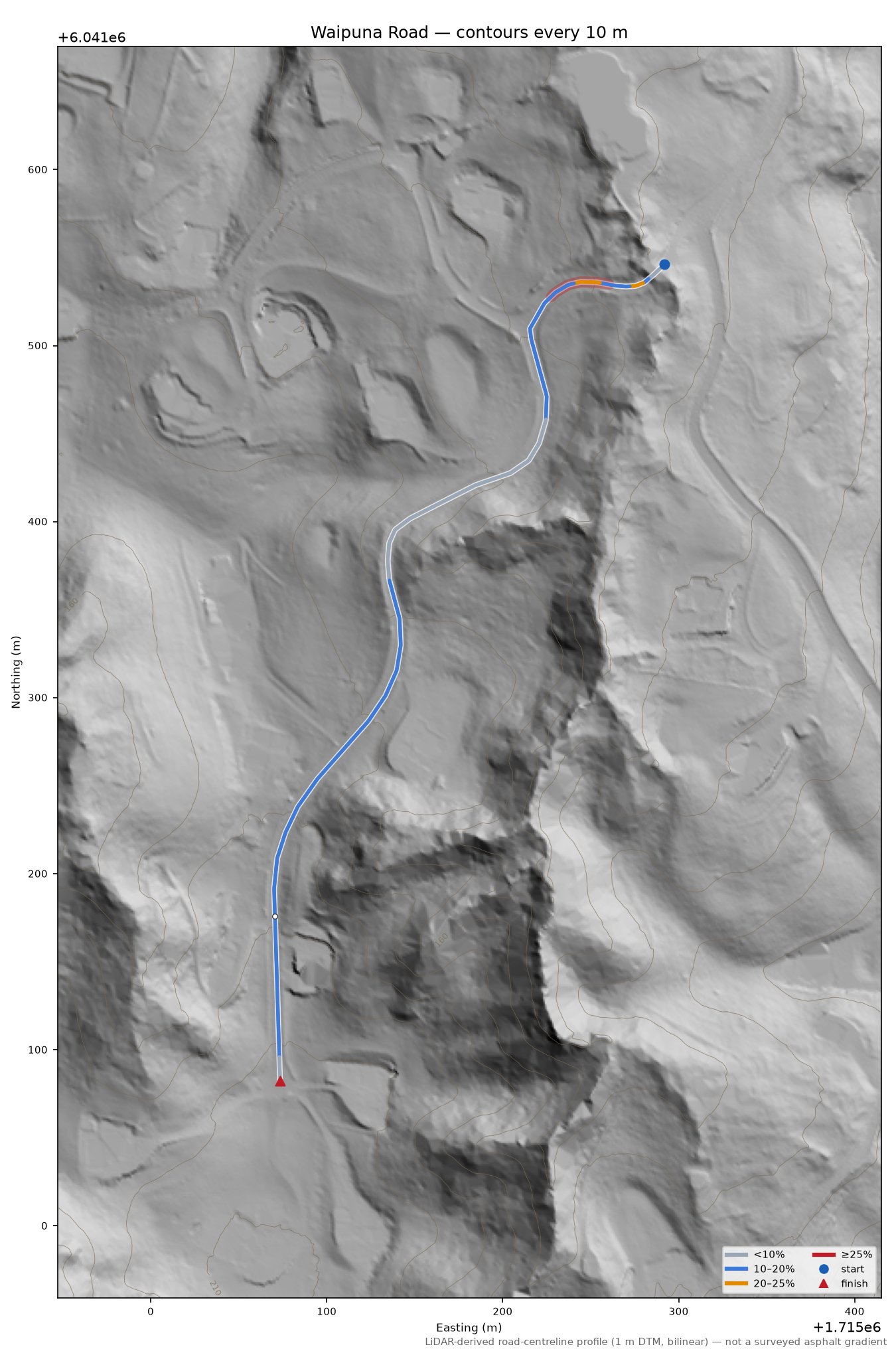 Waipuna Road LiDAR hillshade map with contours