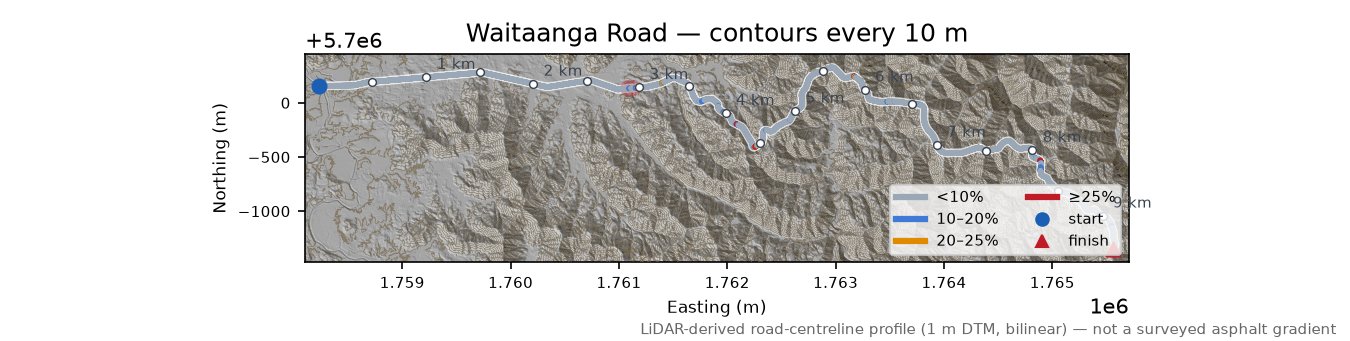 Waitaanga Road LiDAR hillshade map with contours