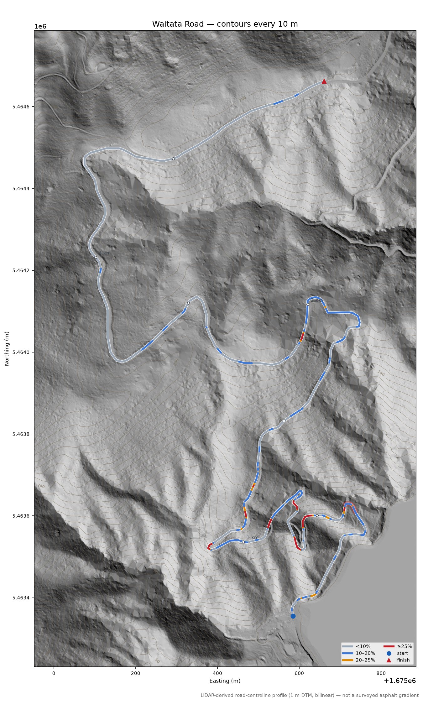 Waitata Road LiDAR hillshade map with contours