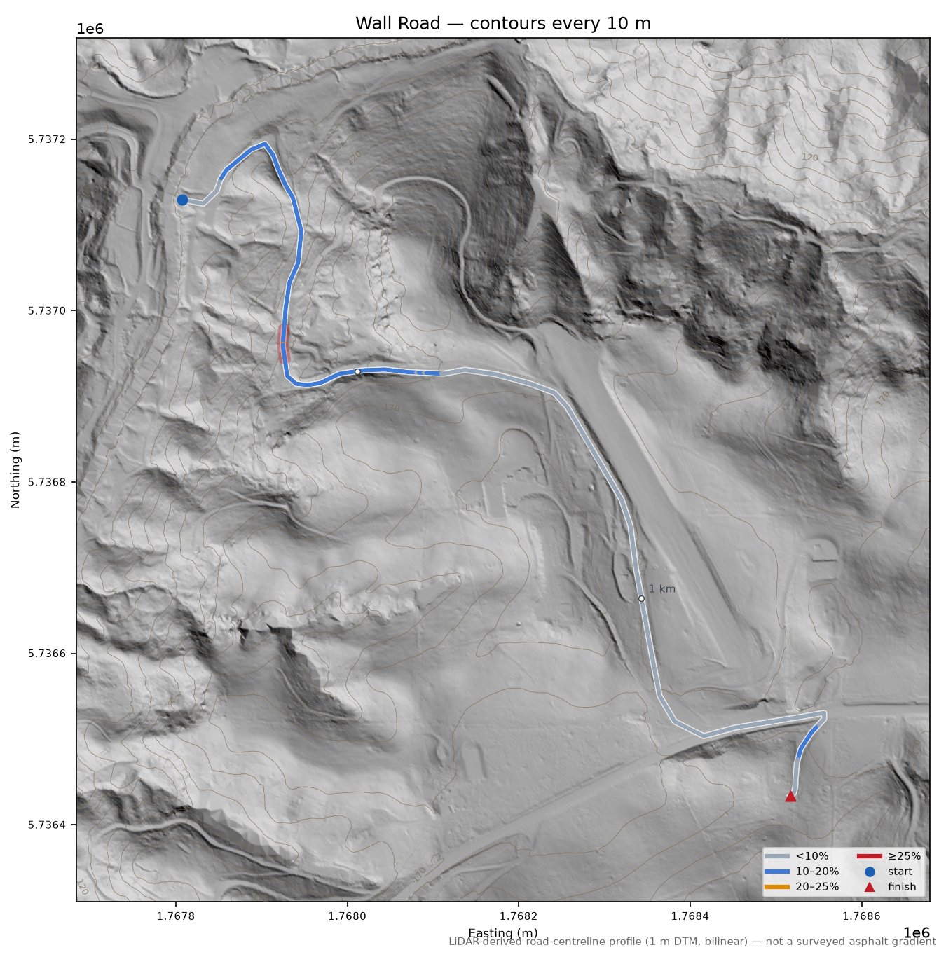 Wall Road LiDAR hillshade map with contours