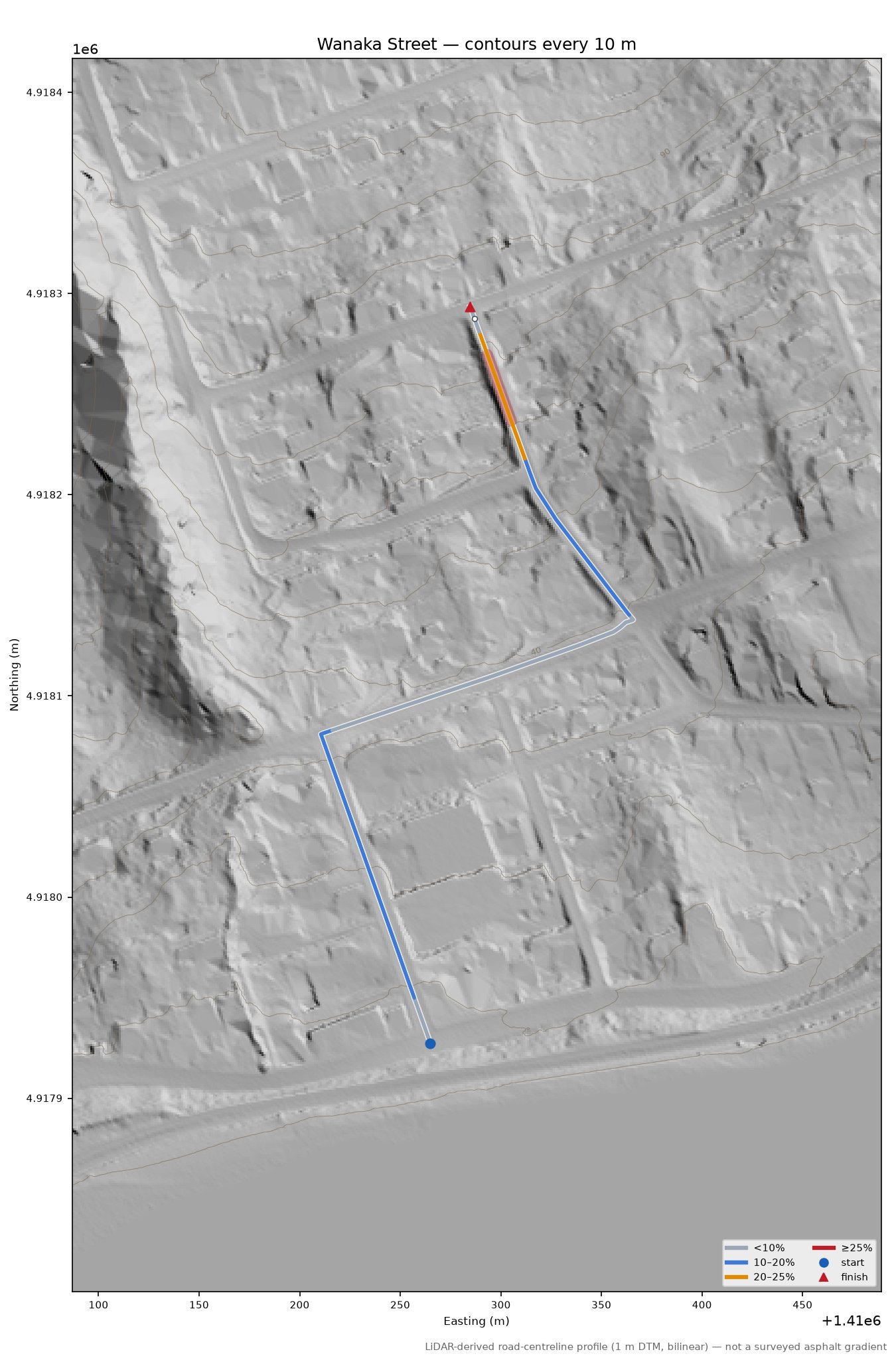 Wanaka Street LiDAR hillshade map with contours