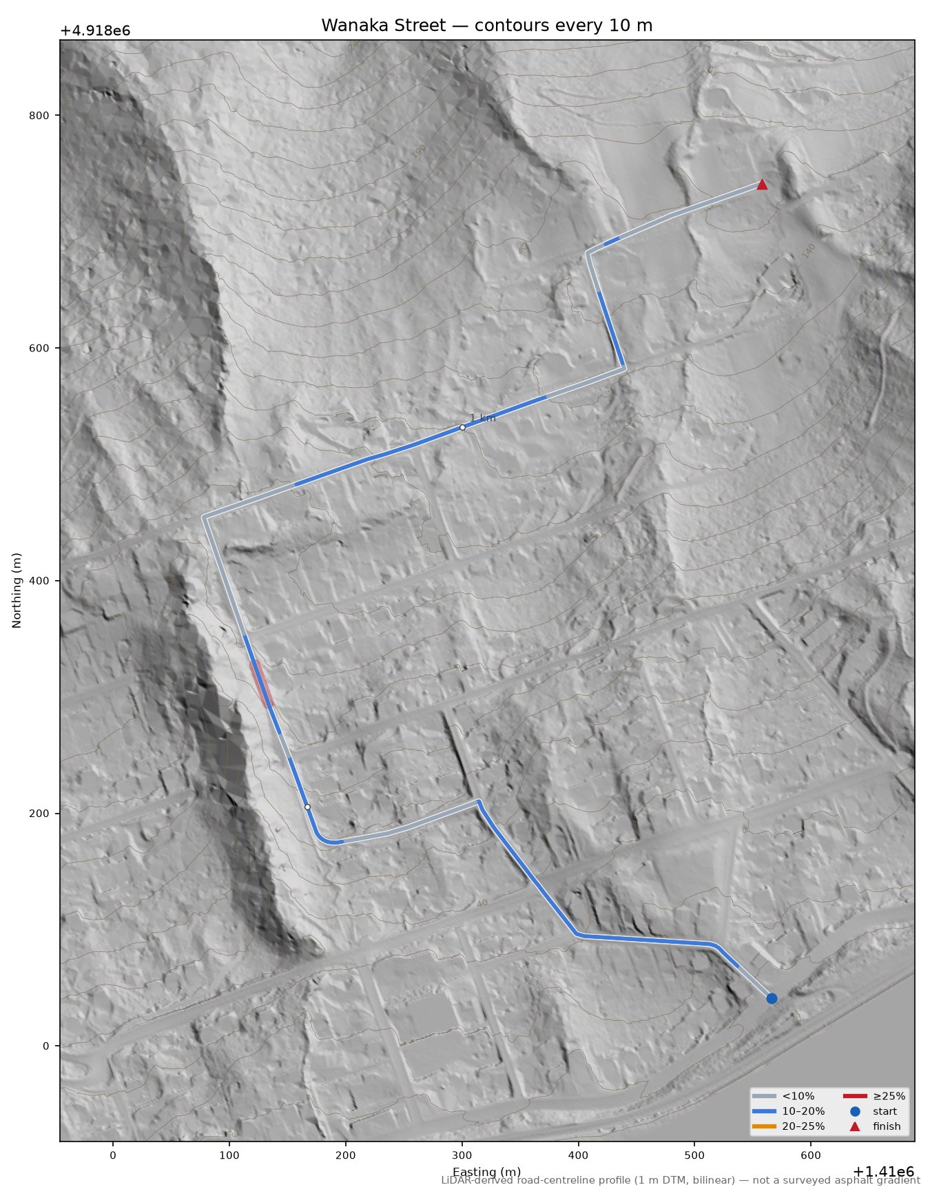 Wanaka Street LiDAR hillshade map with contours