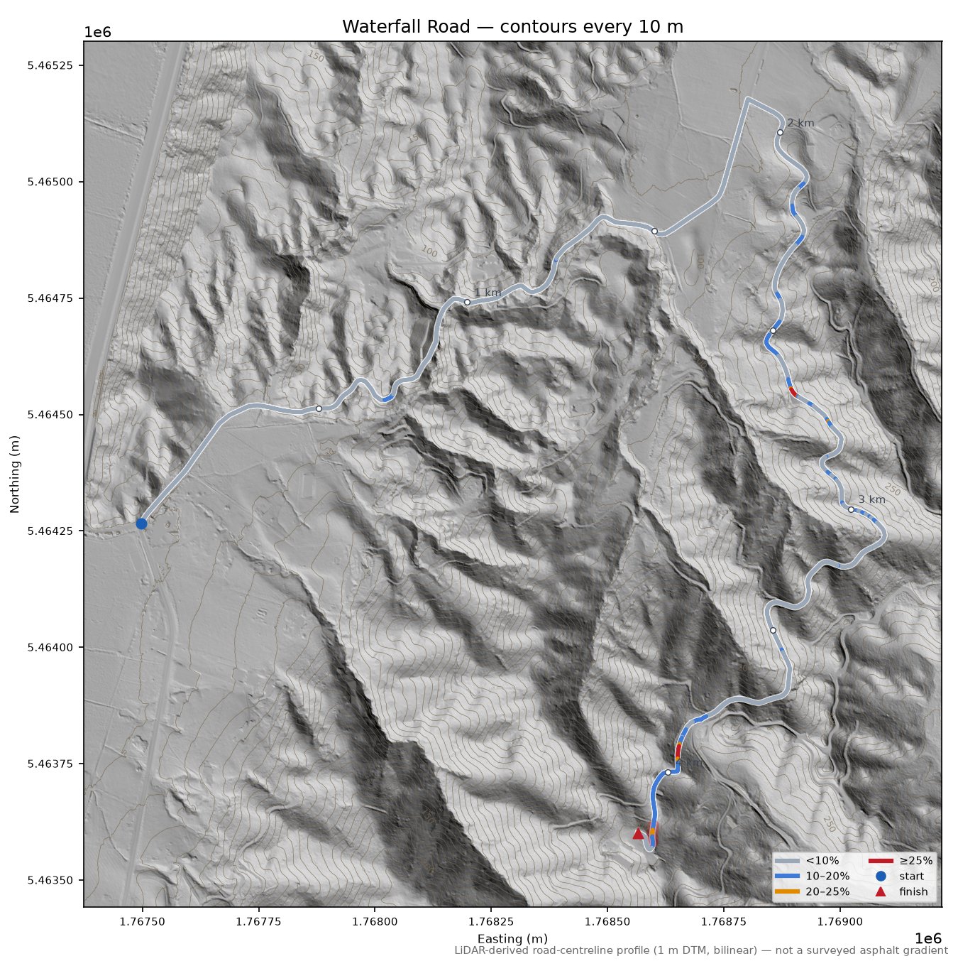 Waterfall Road LiDAR hillshade map with contours