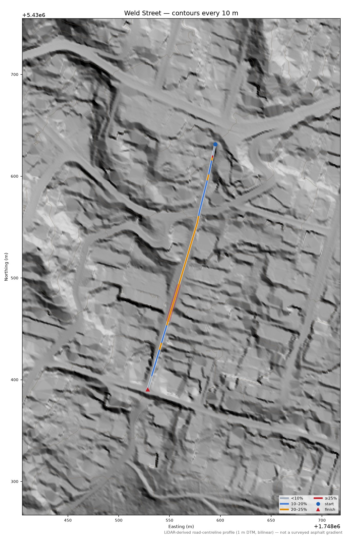 Weld Street LiDAR hillshade map with contours