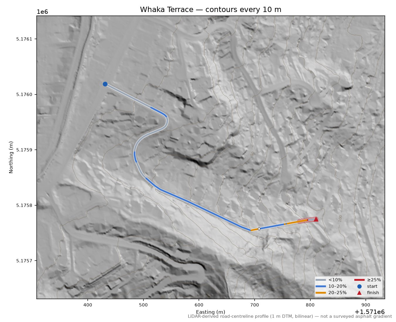 Whaka Terrace LiDAR hillshade map with contours