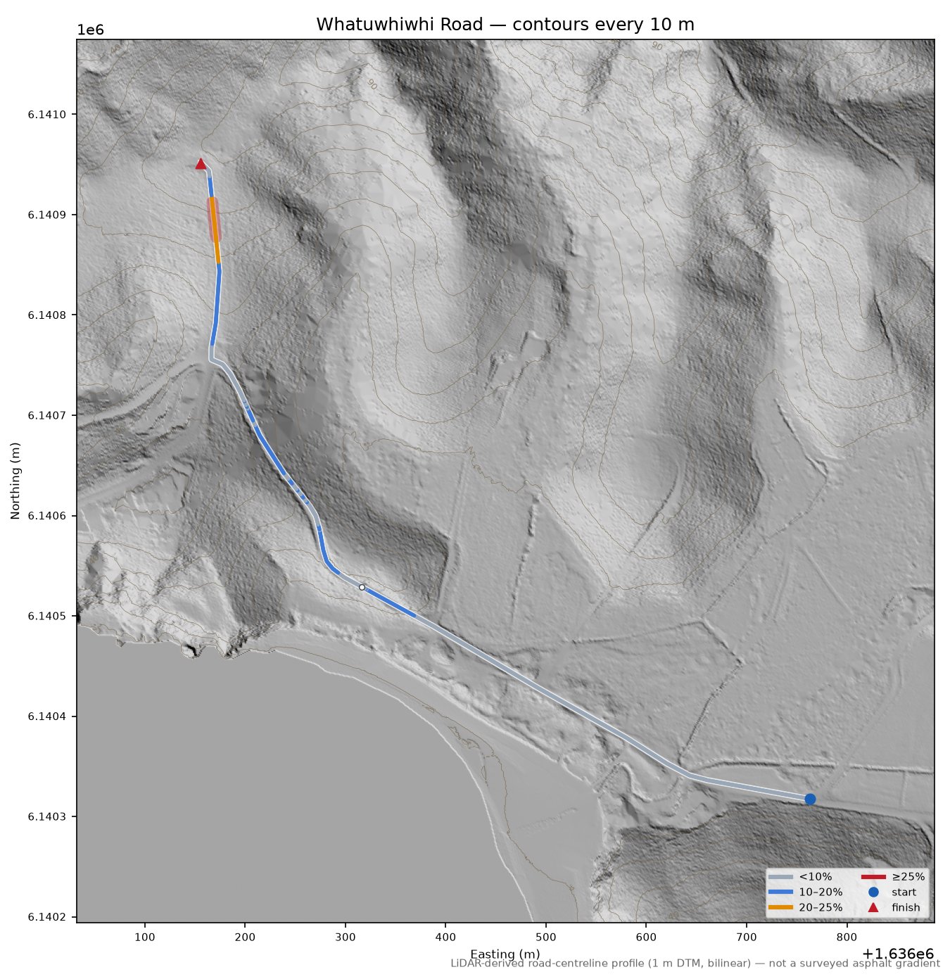 Whatuwhiwhi Road LiDAR hillshade map with contours