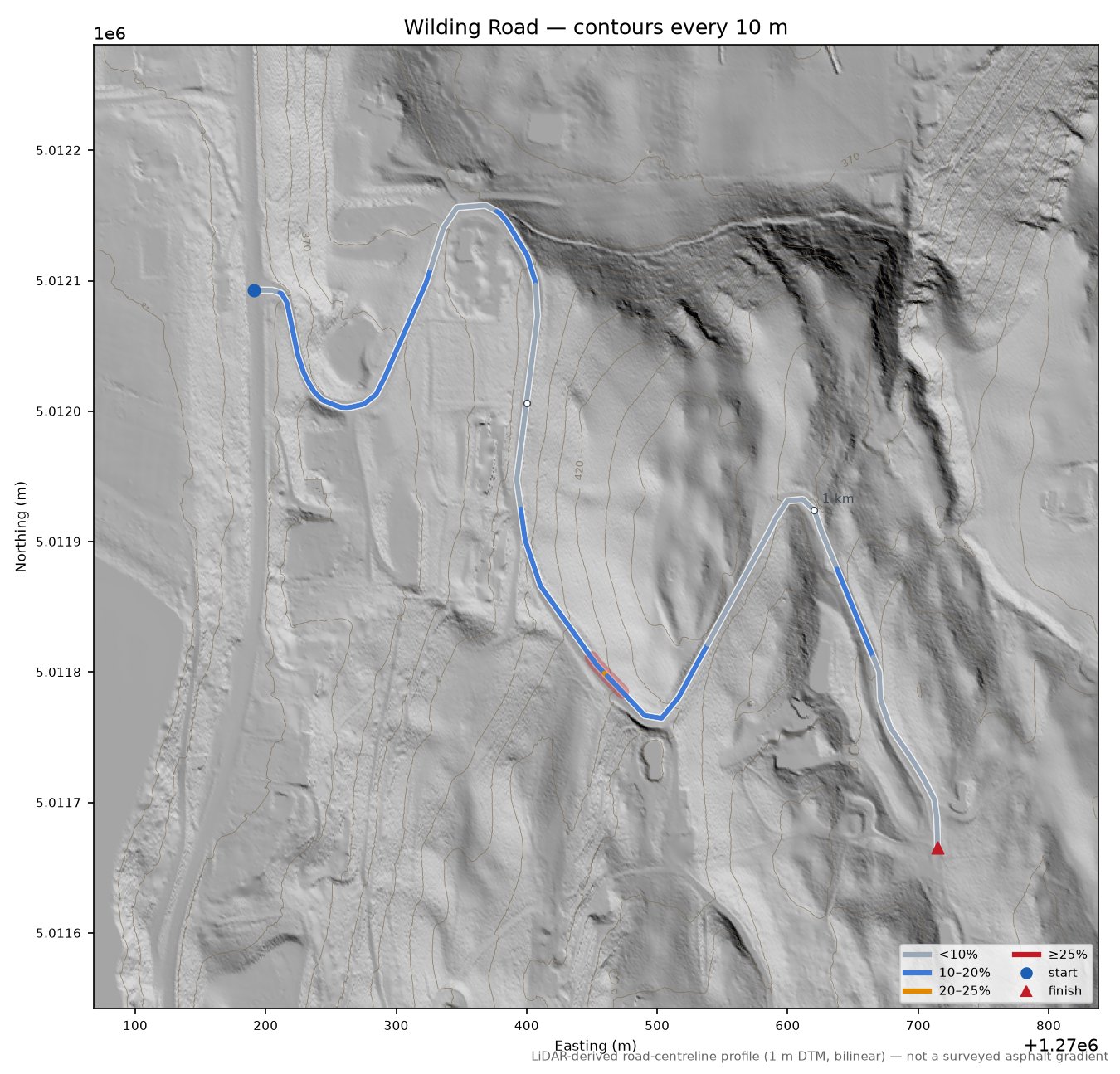 Wilding Road LiDAR hillshade map with contours